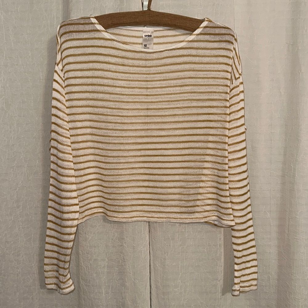 anko 10 Ivory Tan Lightweight Knit Striped Long Sleeve Cropped Sweater